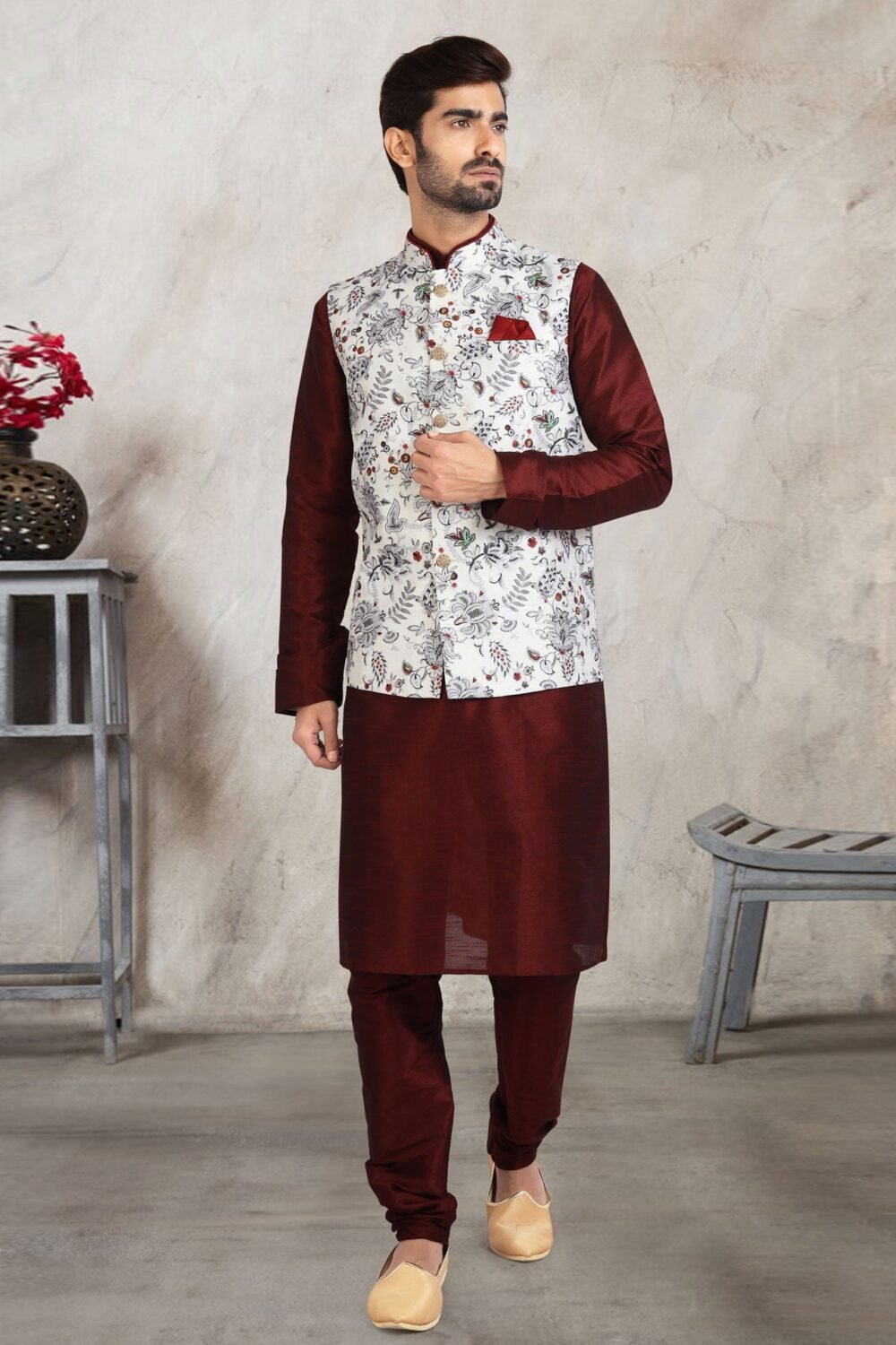 Brown Art Silk Readymade Men Kurta Chruidar Set With Banarasi Silk Jacket