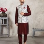 Brown Art Silk Readymade Men Kurta Chruidar Set With Banarasi Silk Jacket