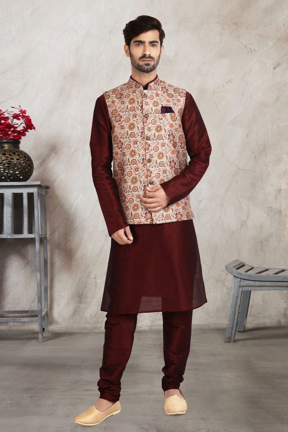 Maroon Art Silk Readymade Men Kurta Chruidar Set With Banarasi Silk Jacket