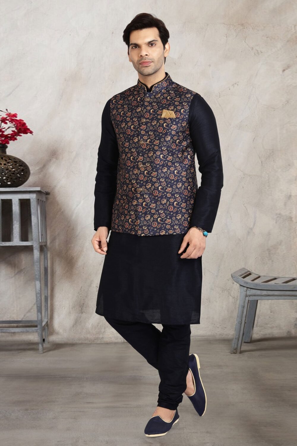 Blue Art Silk Readymade Men Kurta Chruidar Set With Banarasi Silk Jacket