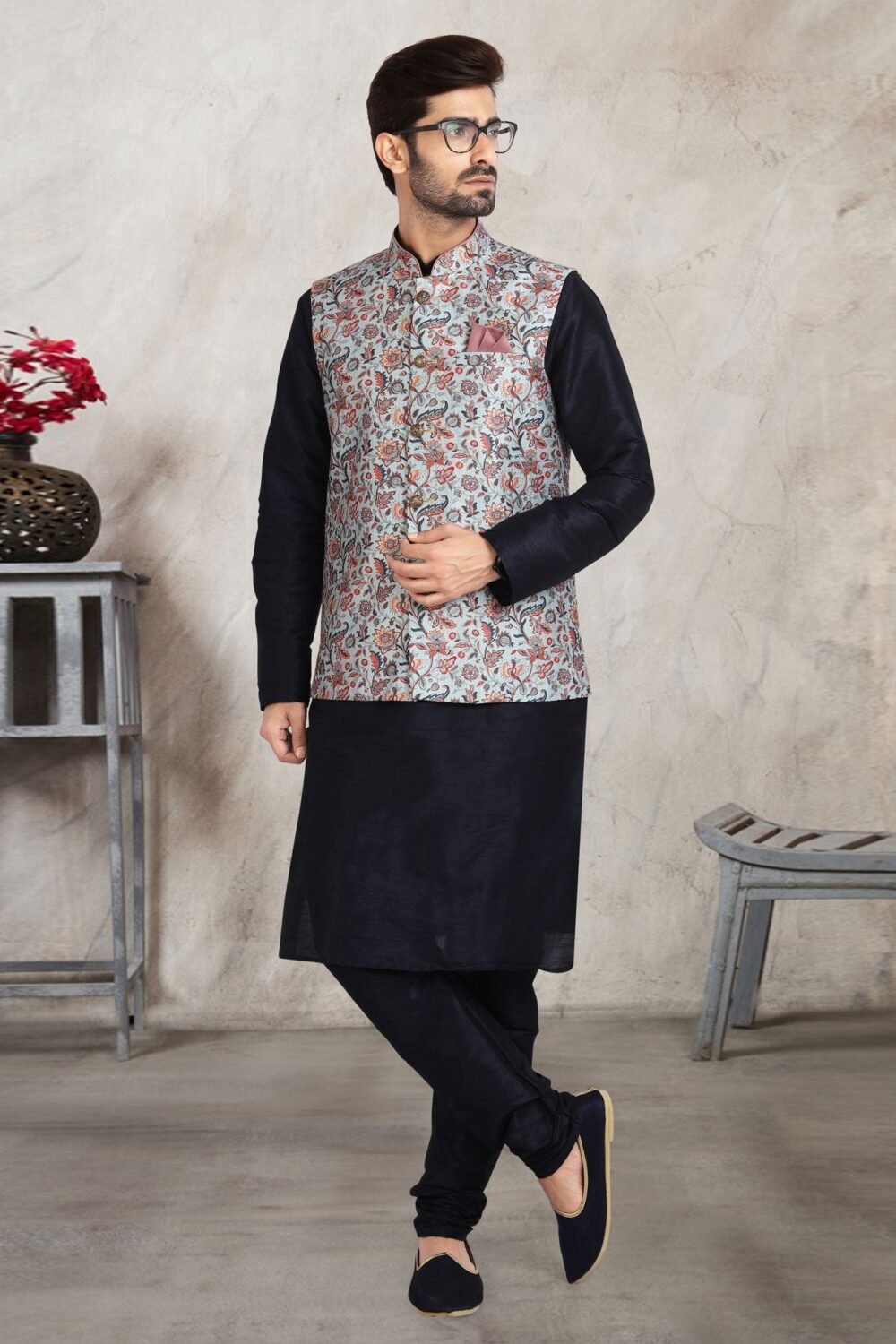 Blue Art Silk Readymade Men Kurta Chruidar Set With Banarasi Silk Jacket