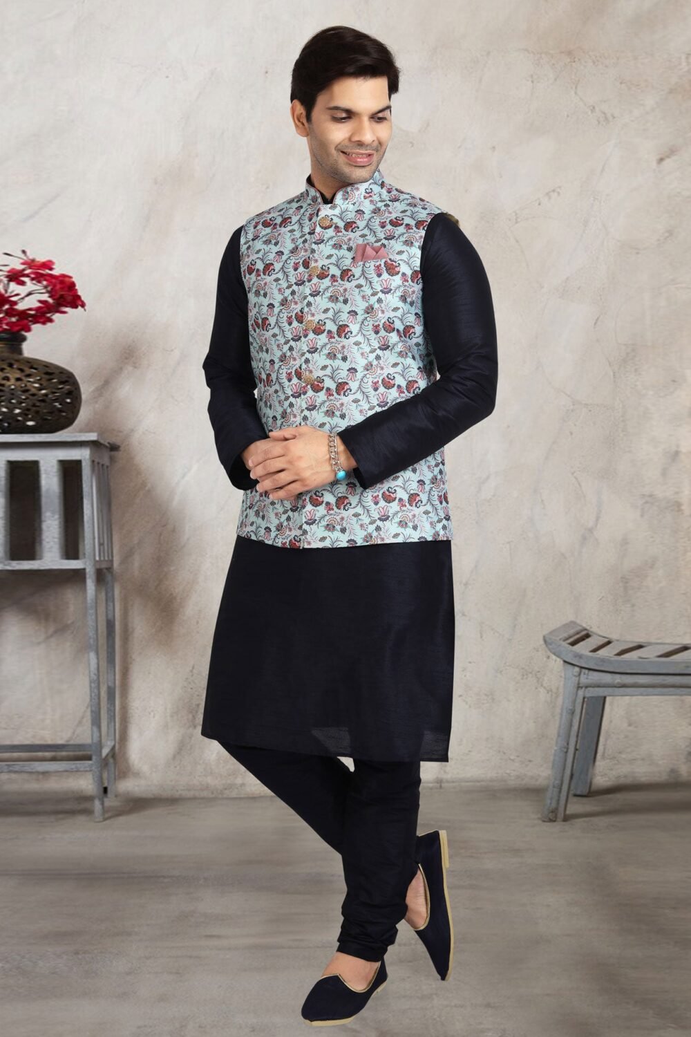 Blue Art Silk Readymade Men Kurta Chruidar Set With Banarasi Silk Jacket
