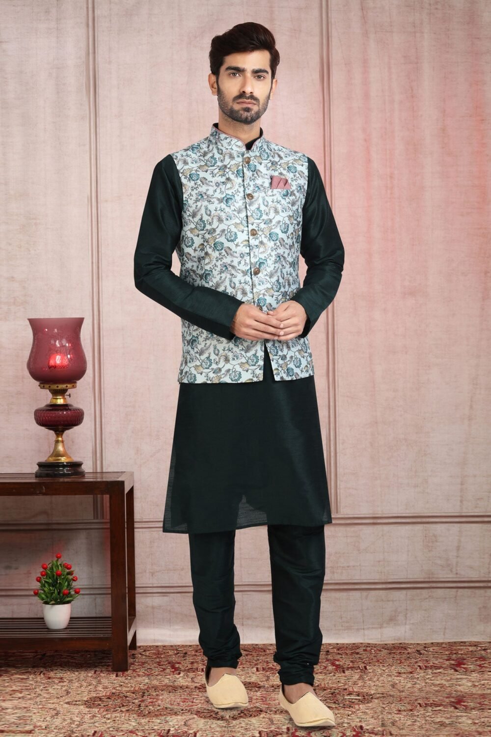 Black Art Silk Readymade Men Kurta Chruidar Set With Banarasi Silk Jacket