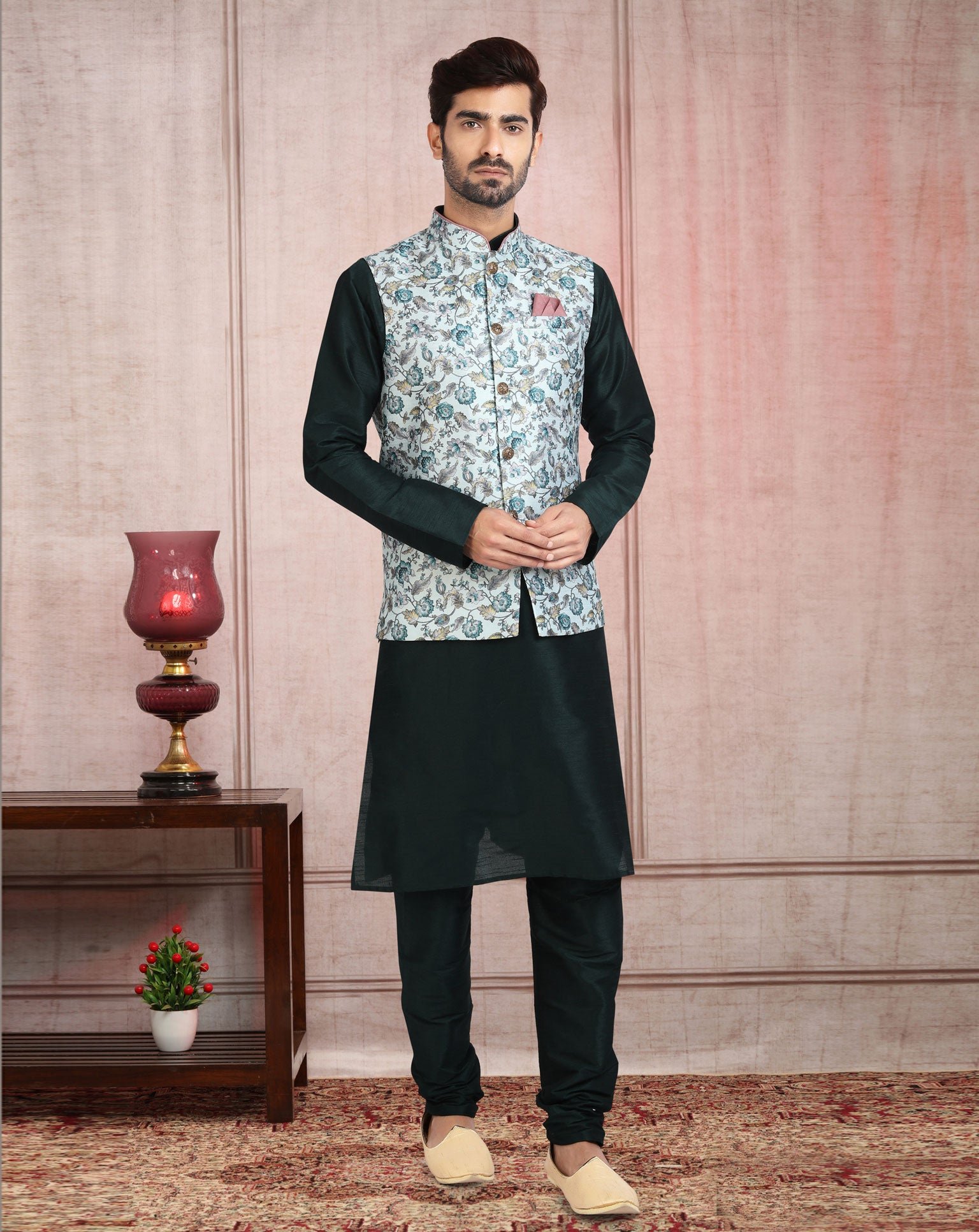 Black Art Silk Readymade Men Kurta Chruidar Set With Banarasi Silk Jacket