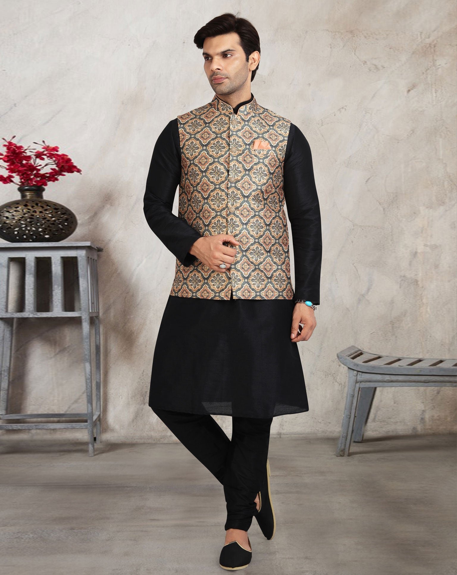 Black Art Silk Readymade Men Kurta Chruidar Set With Banarasi Silk Jacket