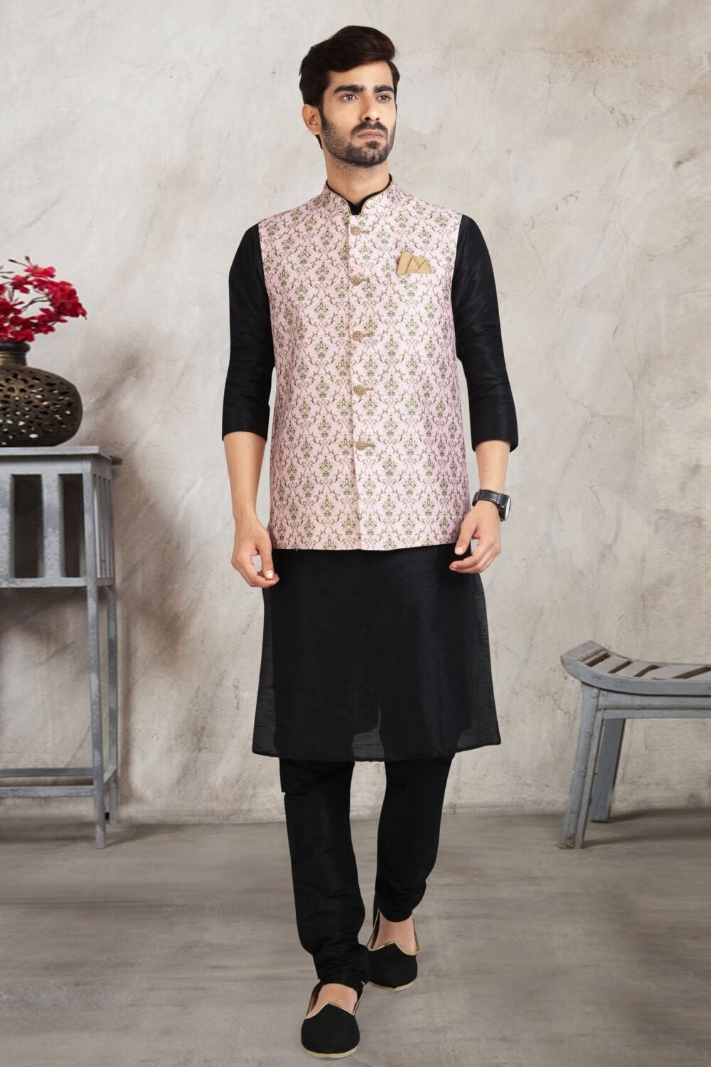 Black Art Silk Readymade Men Kurta Chruidar Set With Banarasi Silk Jacket