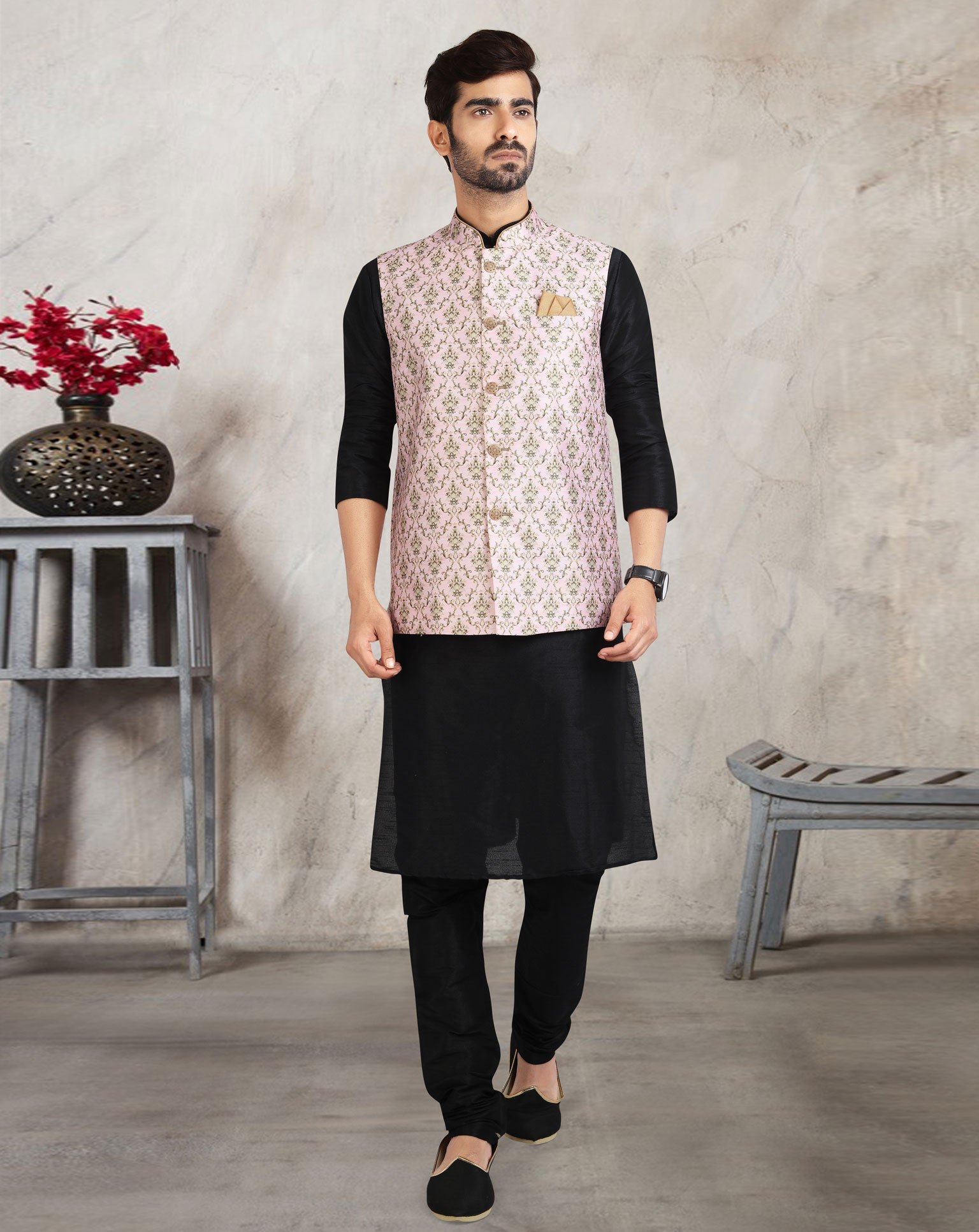 Black Art Silk Readymade Men Kurta Chruidar Set With Banarasi Silk Jacket