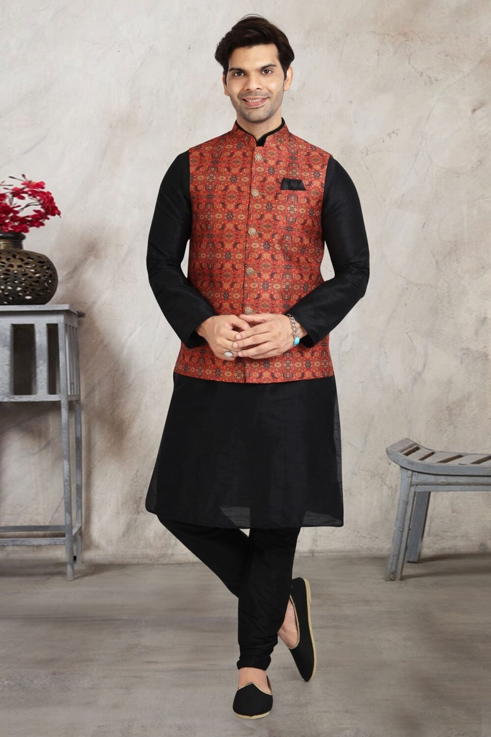 Black Art Silk Readymade Men Kurta Chruidar Set With Banarasi Silk Jacket