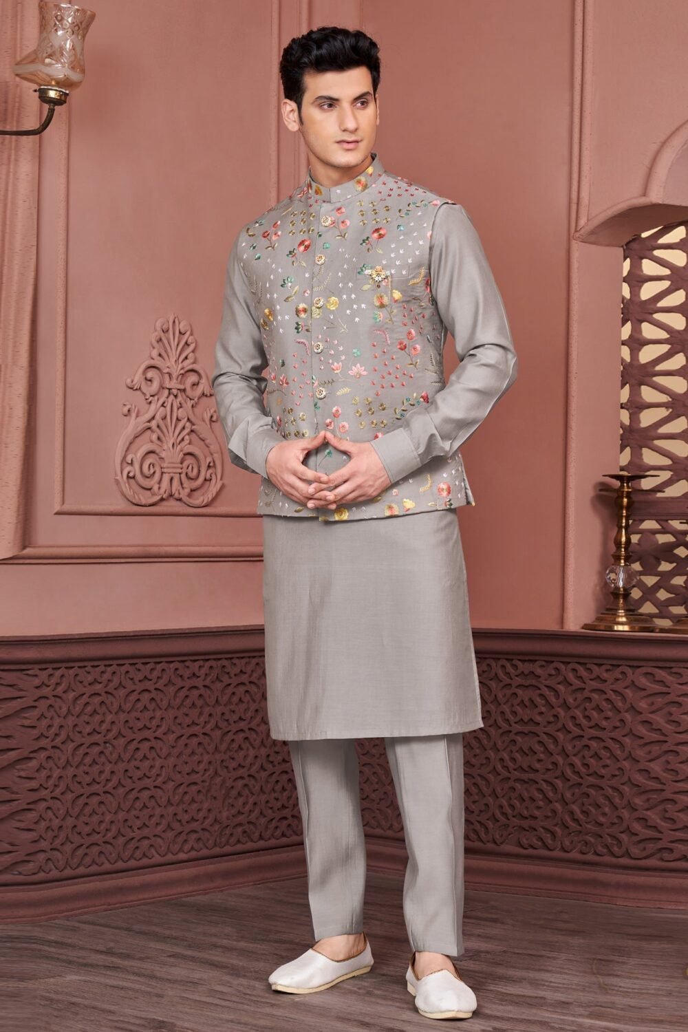 Grey Banarasi Art Silk Man Kurta Pajama With Embroidered Jacket