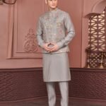 Grey Banarasi Art Silk Man Kurta Pajama With Embroidered Jacket