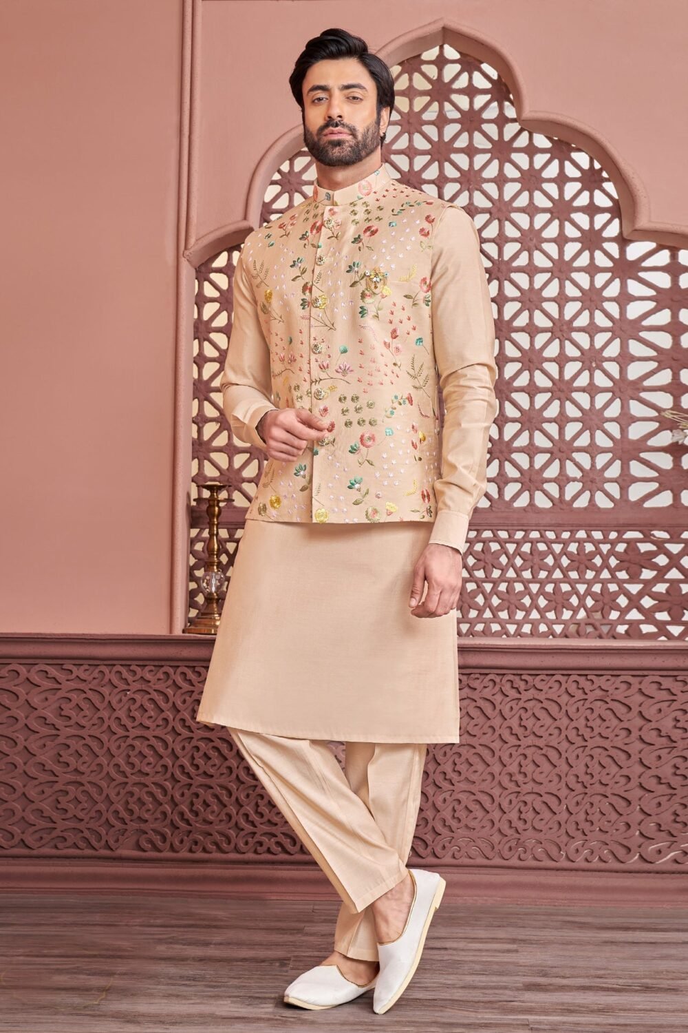 Fawn Banarasi Art Silk Man Kurta Pajama With Embroidered Jacket