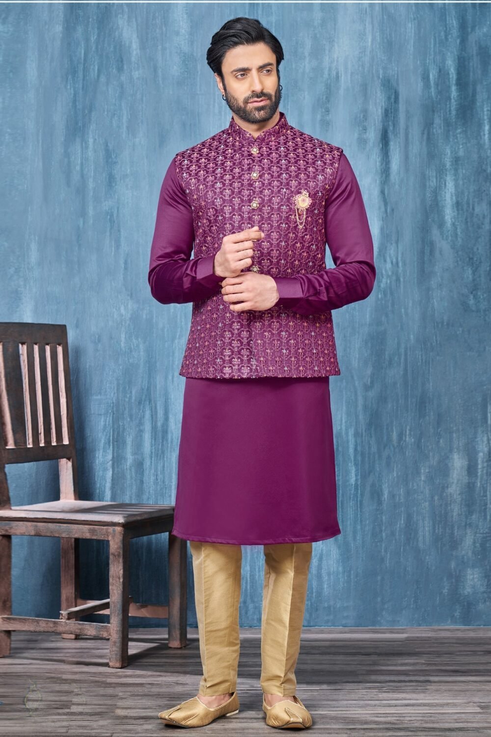 Purple Banarasi Art Silk Man Kurta Pajama With Embroidered Jacket