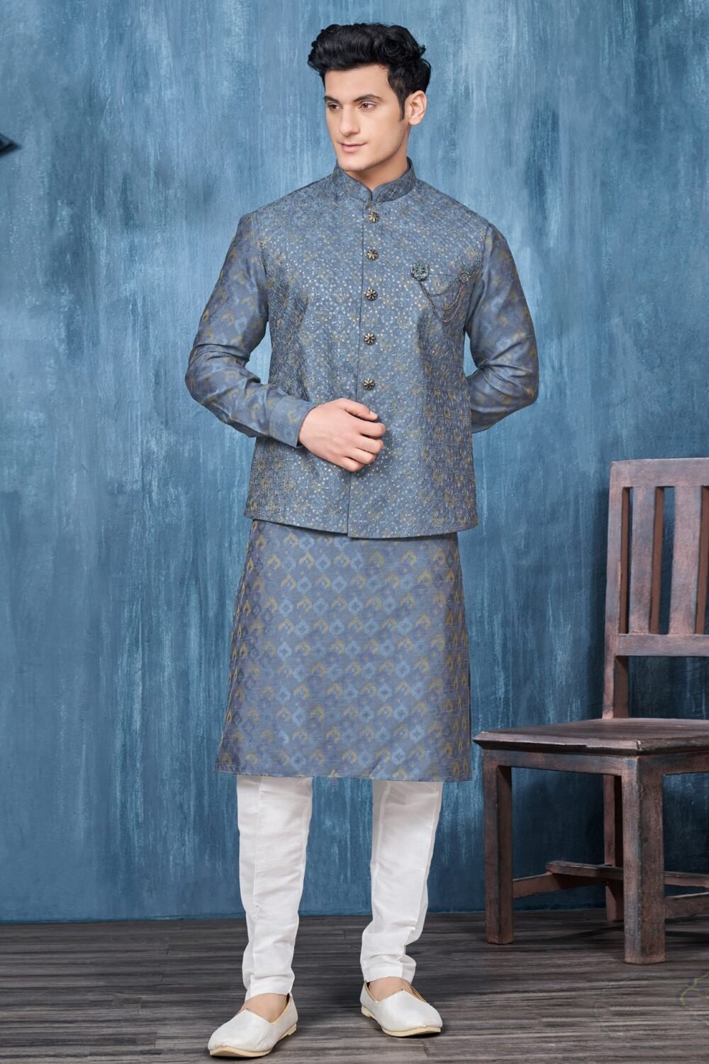 Blue Banarasi Art Silk Man Kurta Pajama With Embroidered Jacket