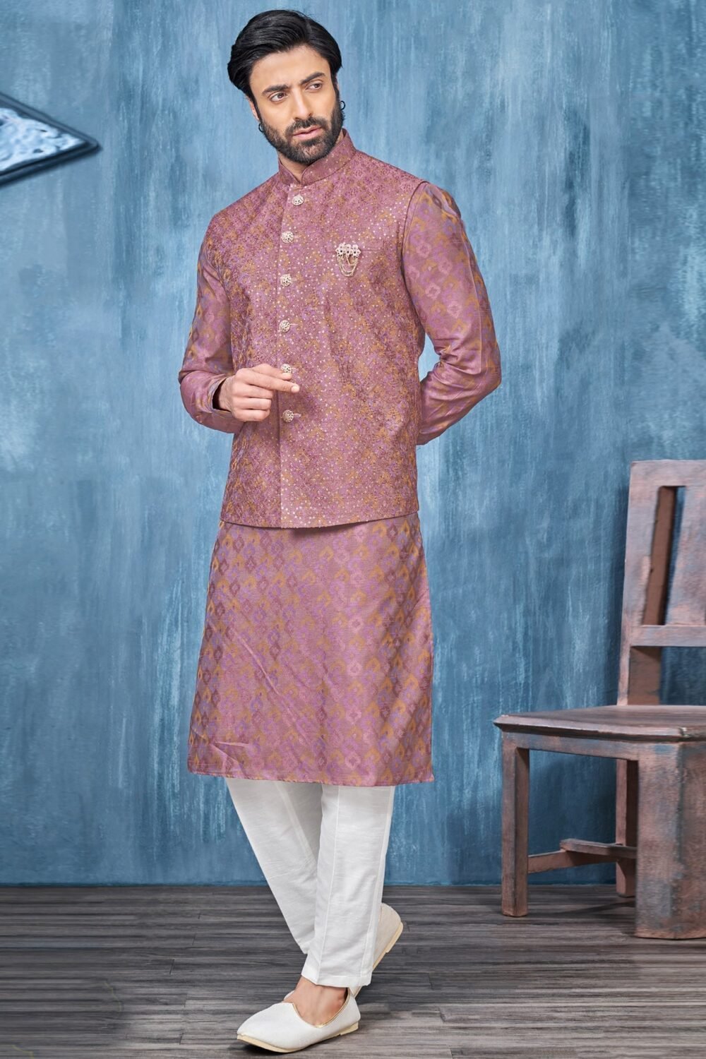 Onion Pink Banarasi Art Silk Man Kurta Pajama With Embroidered Jacket