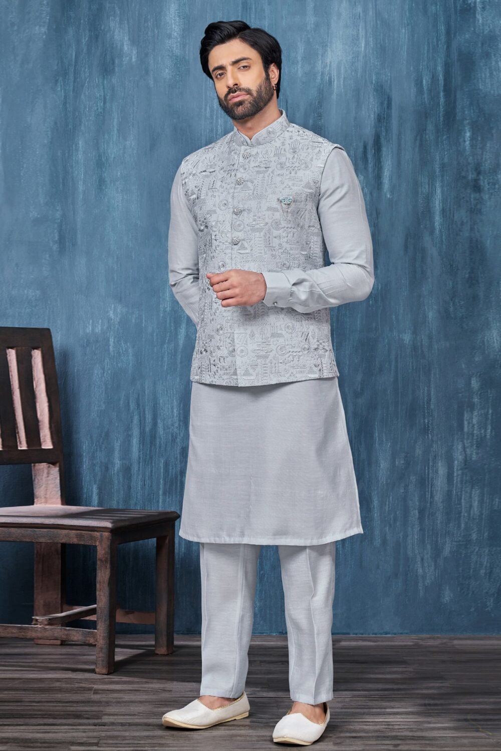 Light Grey Banarasi Art Silk Man Kurta Pajama With Embroidered Jacket