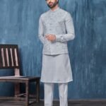 Light Grey Banarasi Art Silk Man Kurta Pajama With Embroidered Jacket