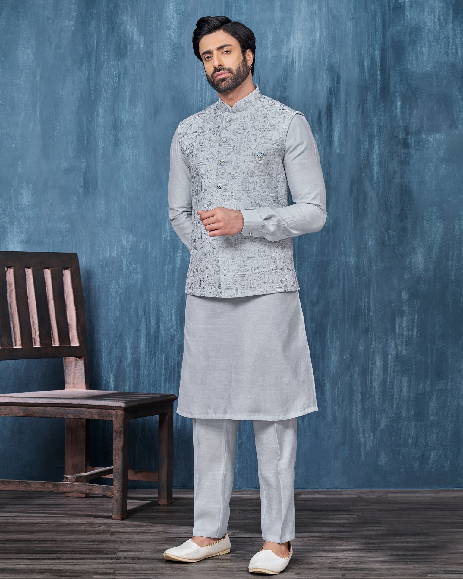 Light Grey Banarasi Art Silk Man Kurta Pajama With Embroidered Jacket