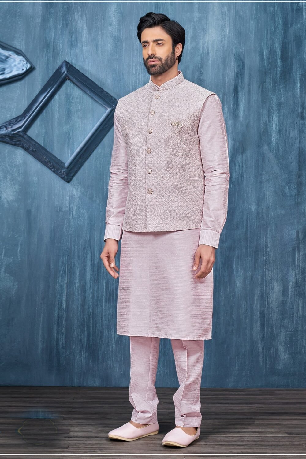 Onion Pink Banarasi Art Silk Man Kurta Pajama With Embroidered Jacket