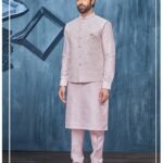 Onion Pink Banarasi Art Silk Man Kurta Pajama With Embroidered Jacket