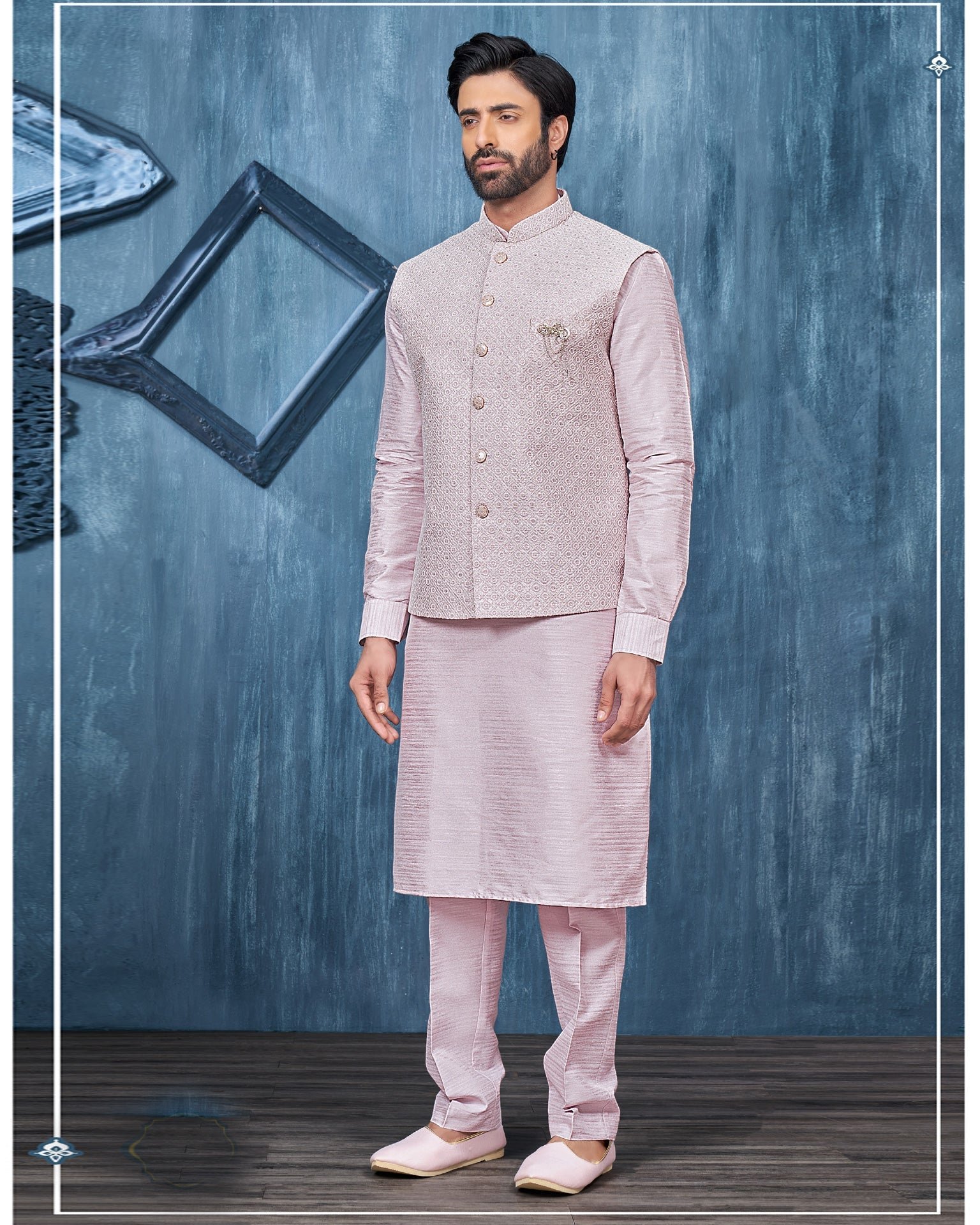 Onion Pink Banarasi Art Silk Man Kurta Pajama With Embroidered Jacket