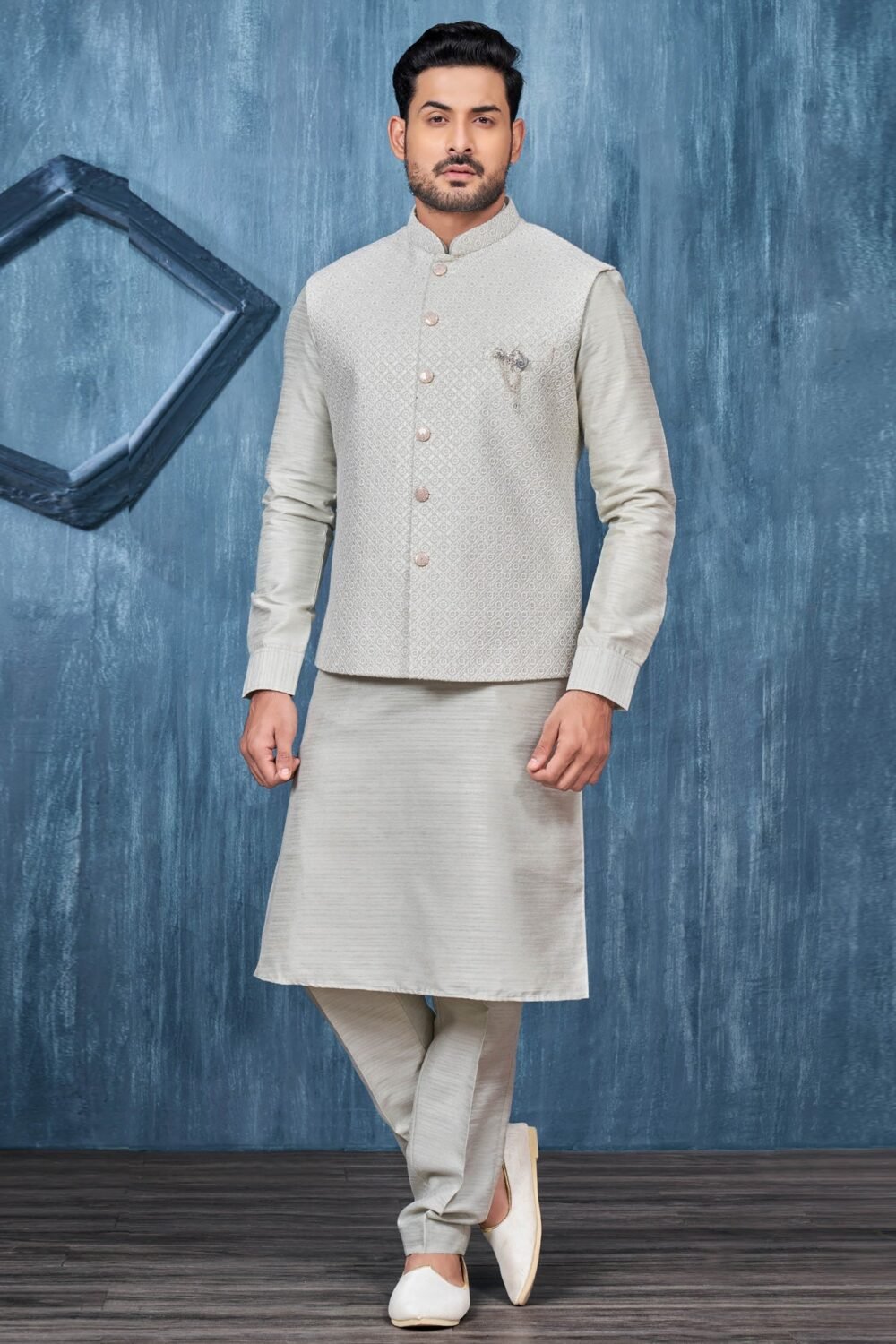 Grey Banarasi Art Silk Man Kurta Pajama With Embroidered Jacket
