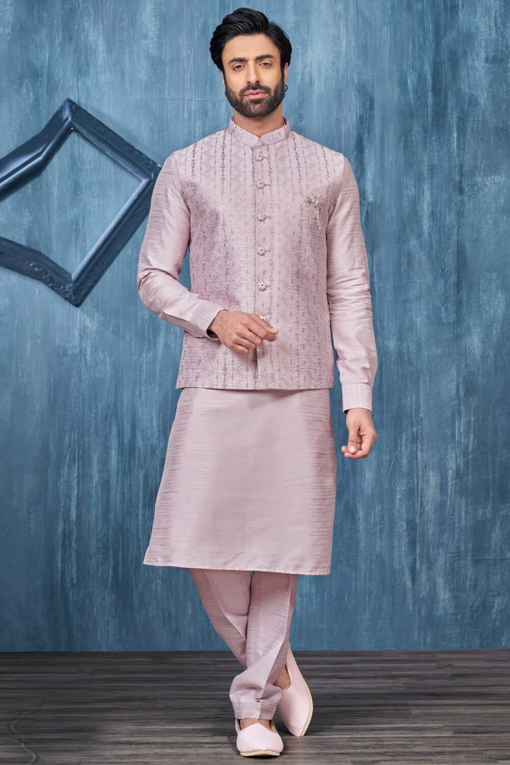 Light Onion Banarasi Art Silk Man Kurta Pajama With Embroidered Jacket