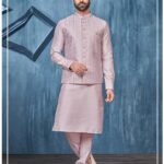 Light Onion Banarasi Art Silk Man Kurta Pajama With Embroidered Jacket