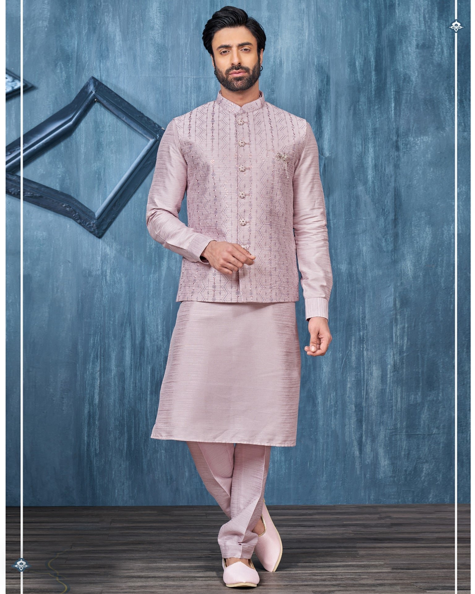 Light Onion Banarasi Art Silk Man Kurta Pajama With Embroidered Jacket