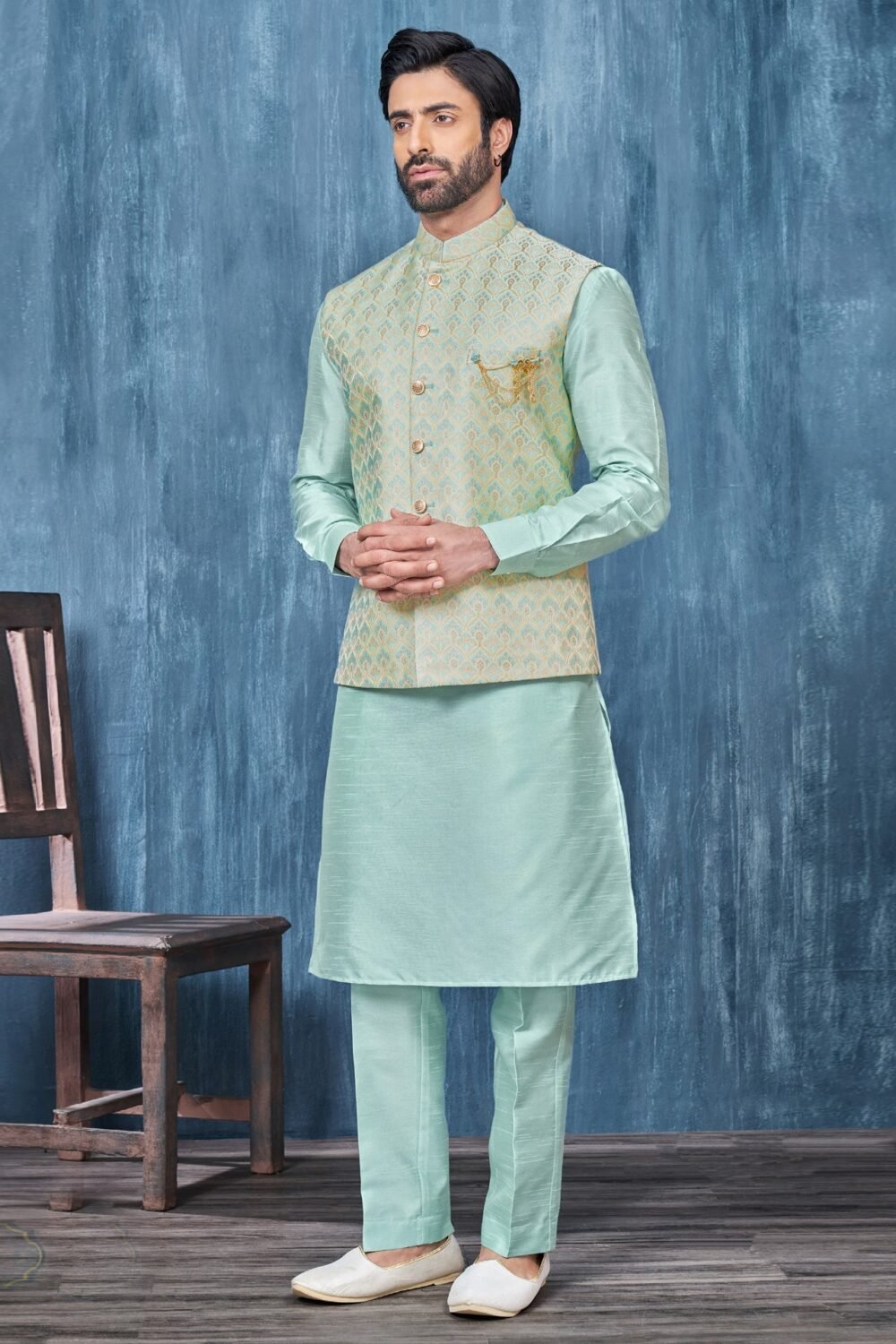 Blue Banarasi Art Silk Man Kurta Pajama With Jacquard Jacket