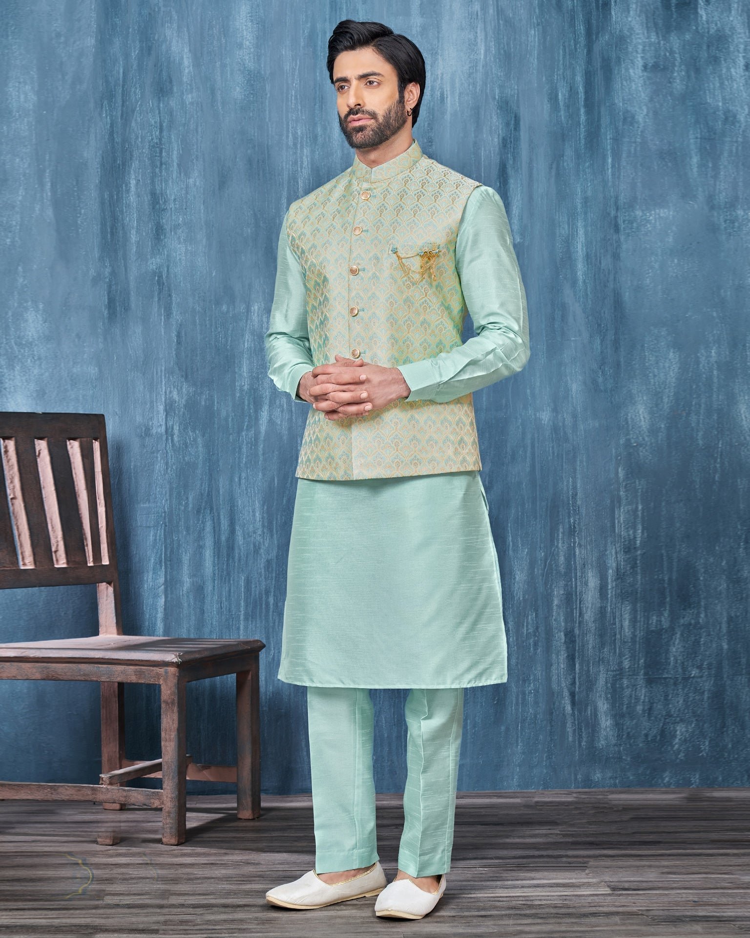 Blue Banarasi Art Silk Man Kurta Pajama With Jacquard Jacket