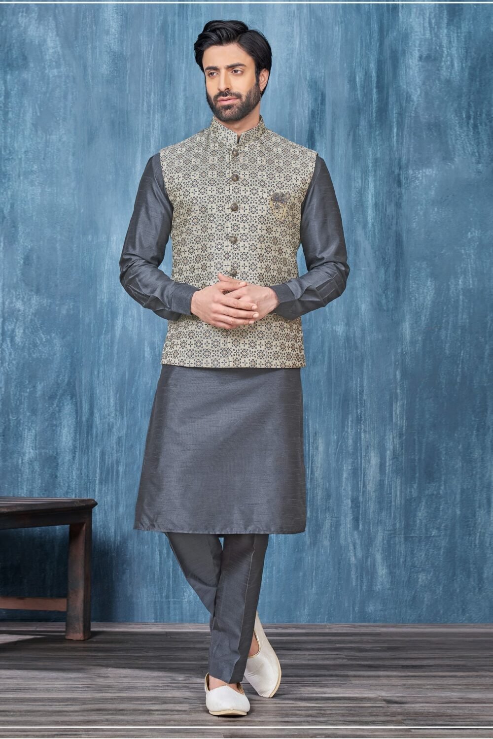 Grey Banarasi Art Silk Man Kurta Pajama With Jacquard Jacket