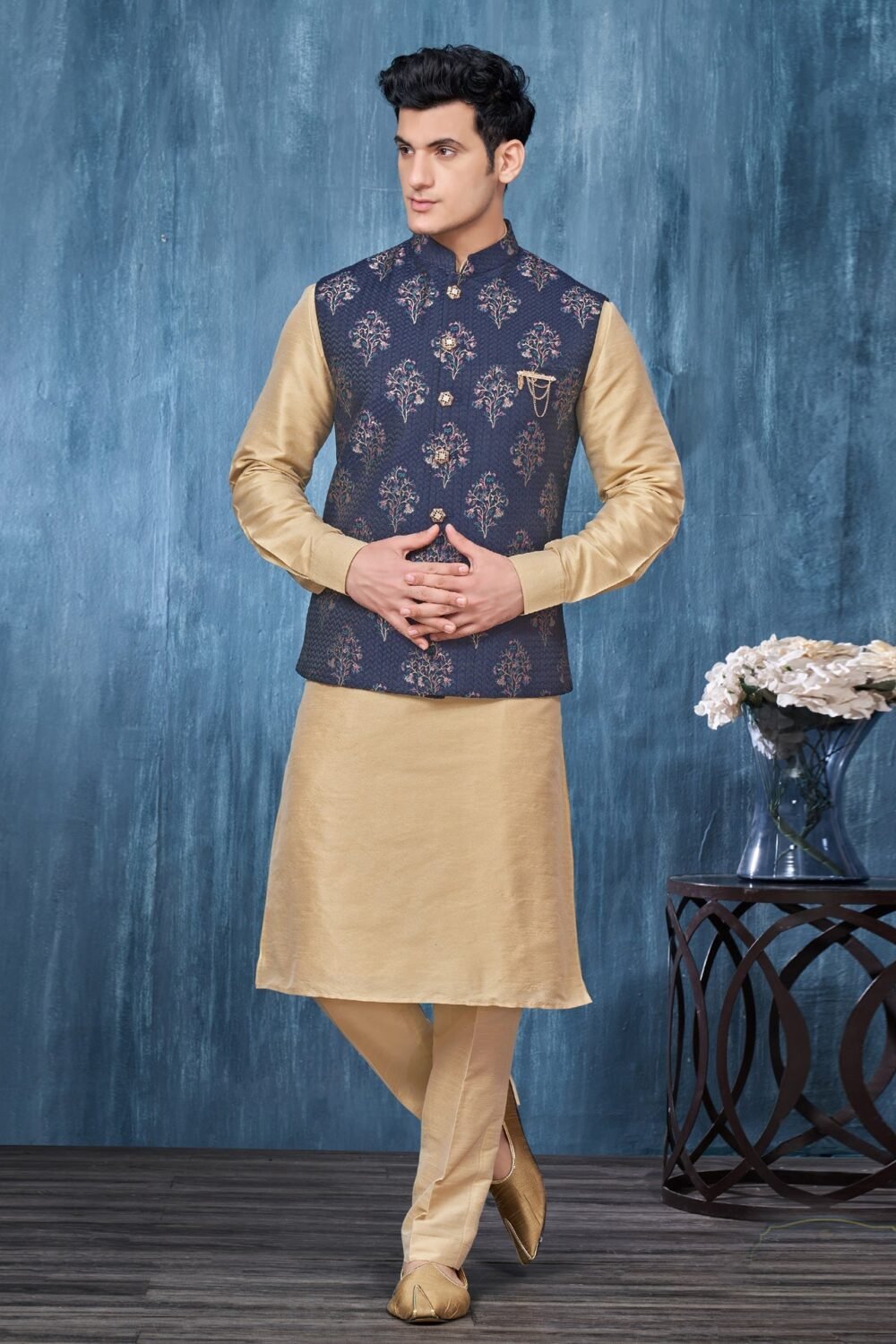 Golden Banarasi Art Silk Man Kurta Pajama With Navy Blue Jacquard Jacket
