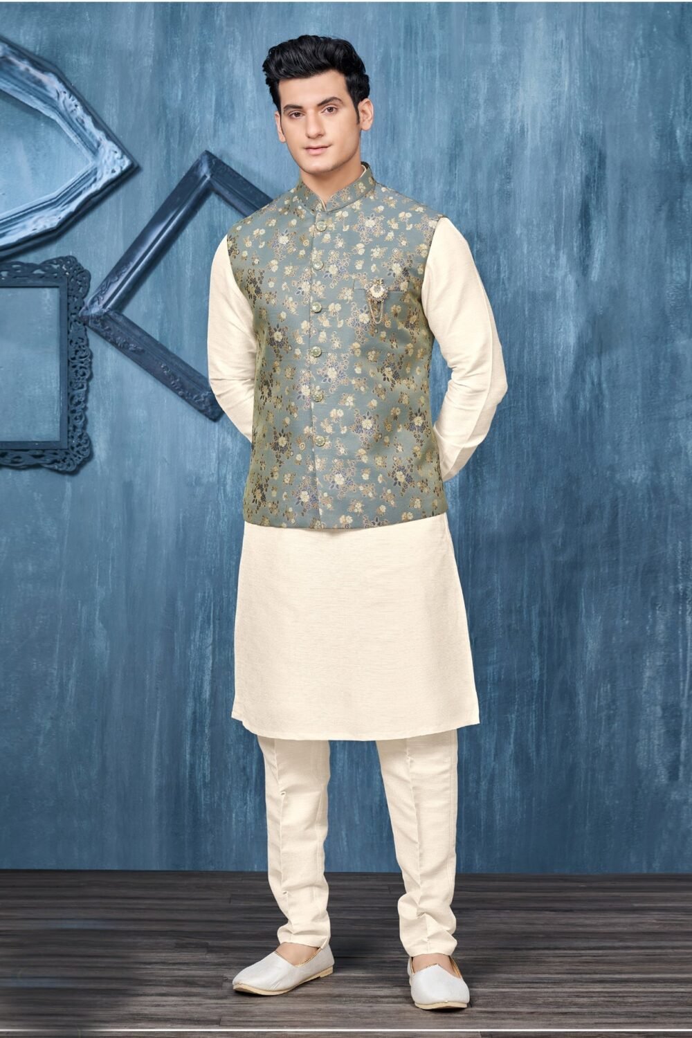Off White Banarasi Art Silk Man Kurta Pajama With Blue Jacquard Jacket