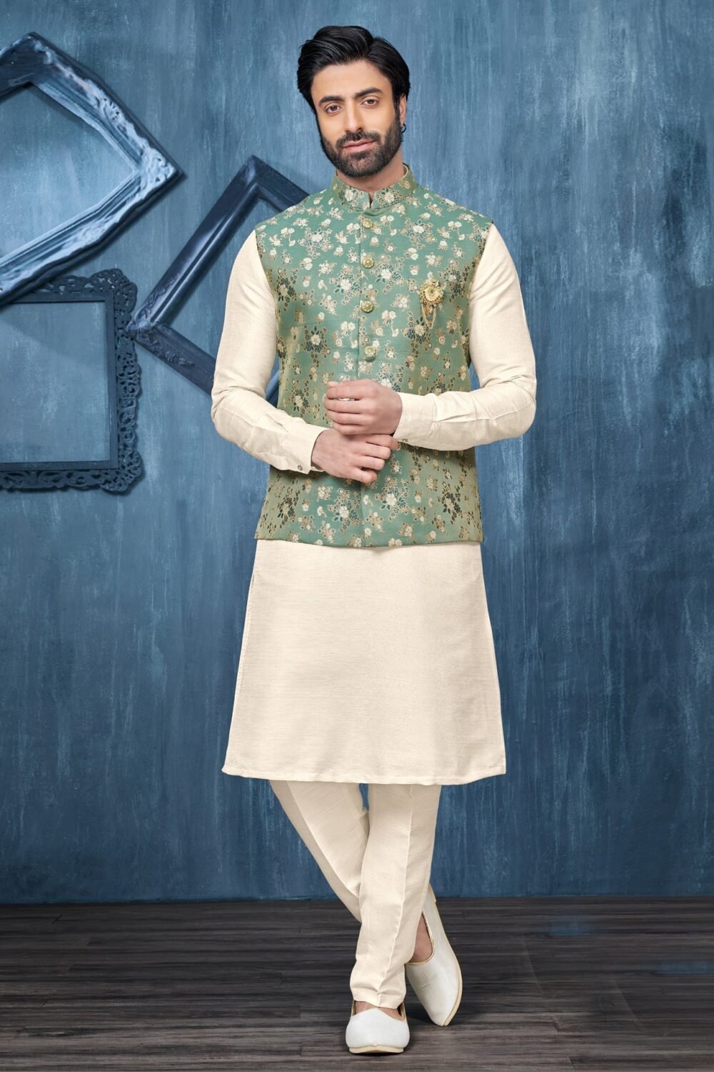 Off White Banarasi Art Silk Man Kurta Pajama With Green Jacquard Jacket