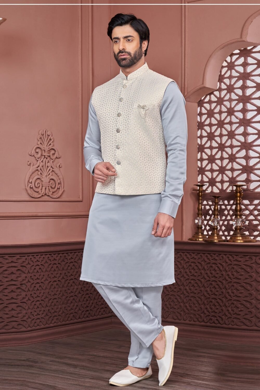 Blue Banarasi Art Silk Man Kurta Pajama With Cream Jacquard Jacket