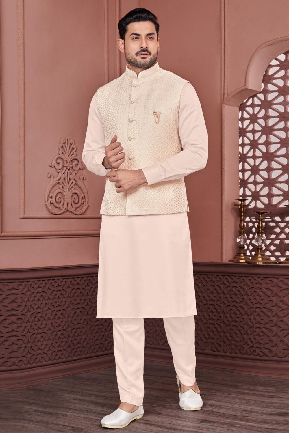 Peach Banarasi Art Silk Man Kurta Pajama With Cream Jacquard Jacket