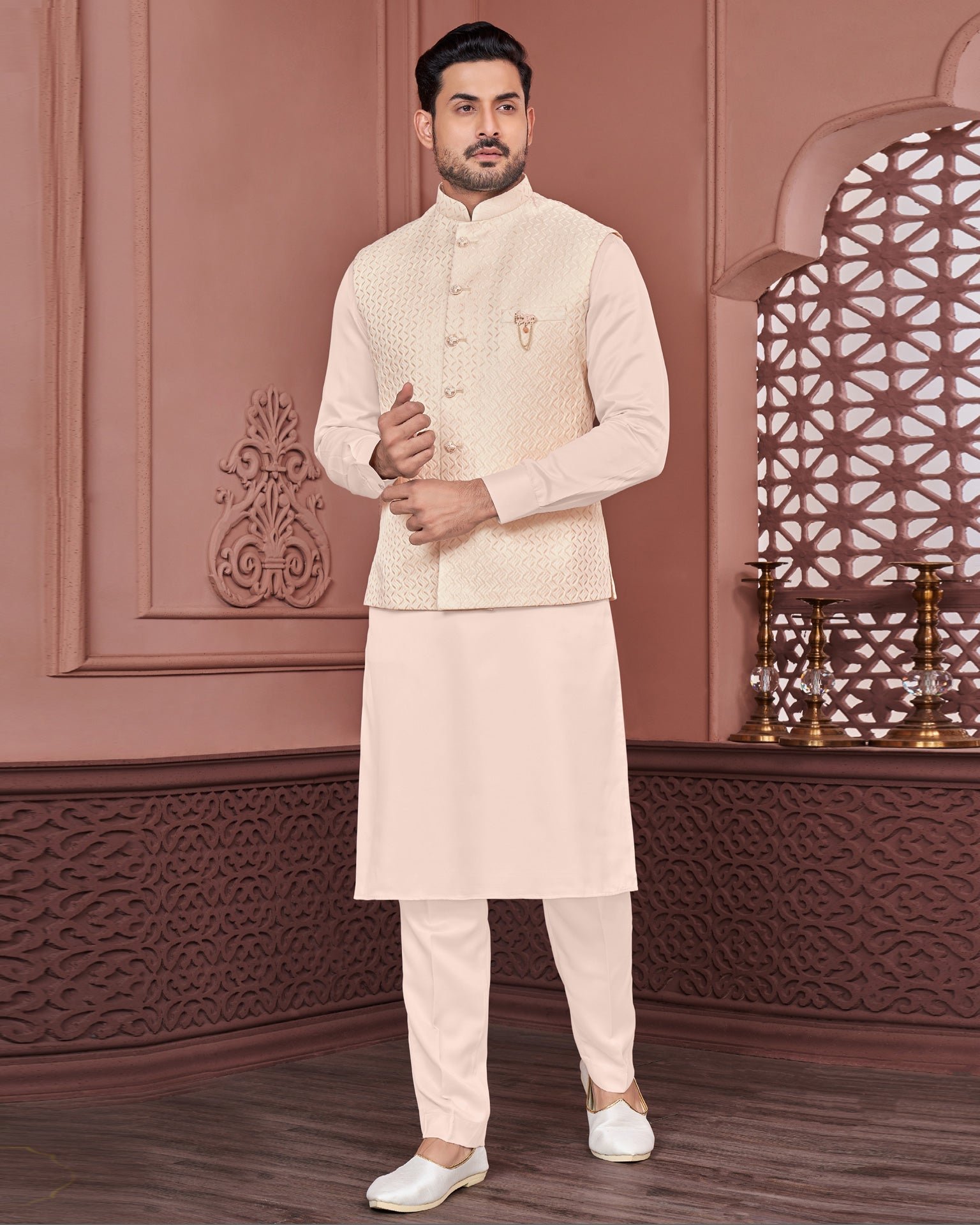 Peach Banarasi Art Silk Man Kurta Pajama With Cream Jacquard Jacket
