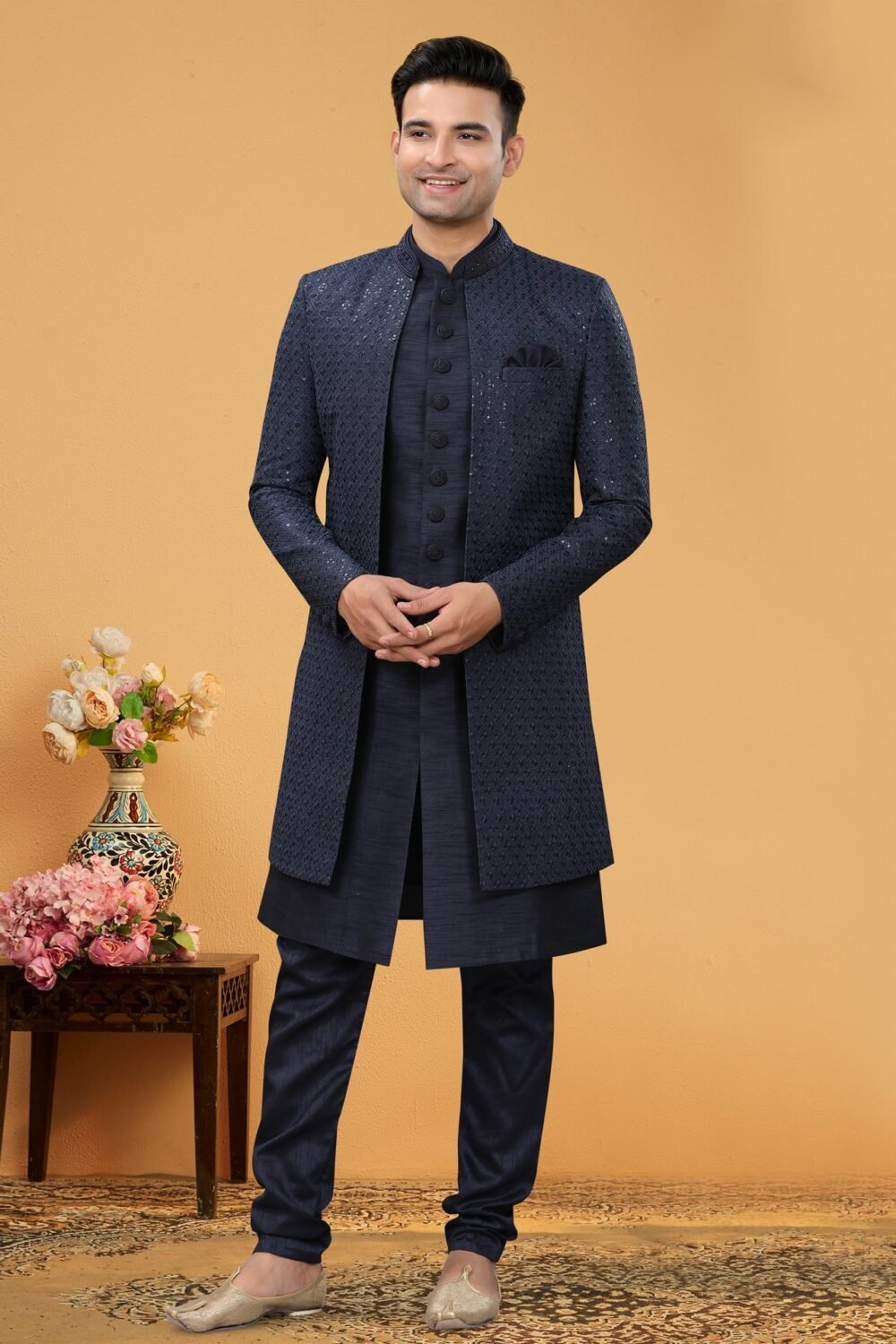 Navy Blue Art Silk Indo Western Man Partywear Churidar Kurta With Jacket