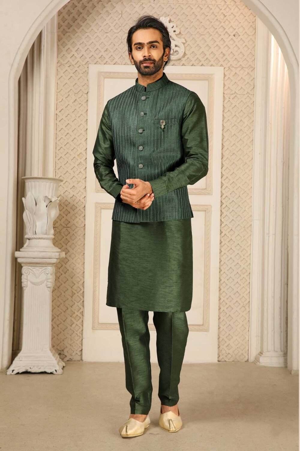 Green Banarasi Art Silk Kurta Pajama With Embroidered Jacket