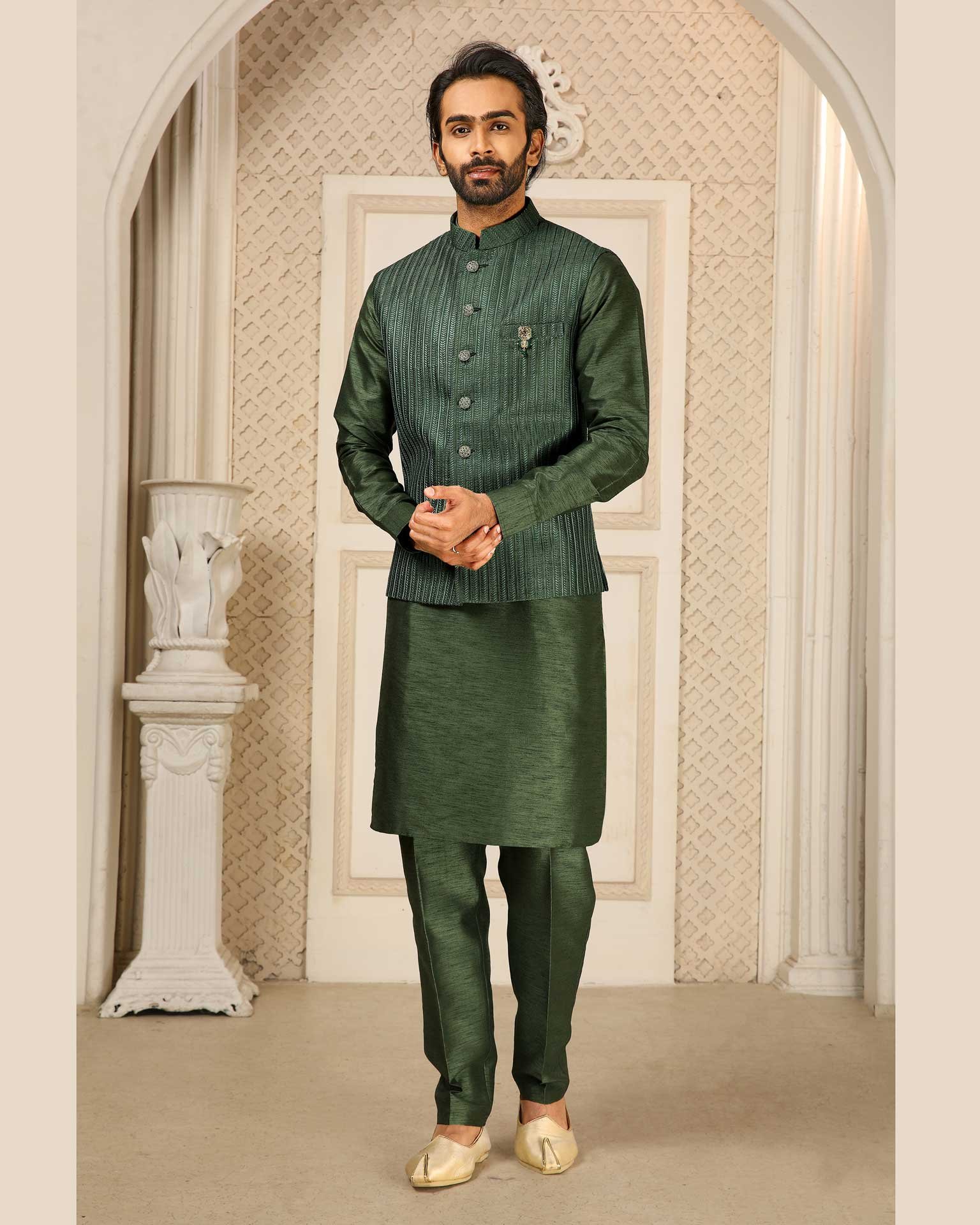 Green Banarasi Art Silk Kurta Pajama With Embroidered Jacket