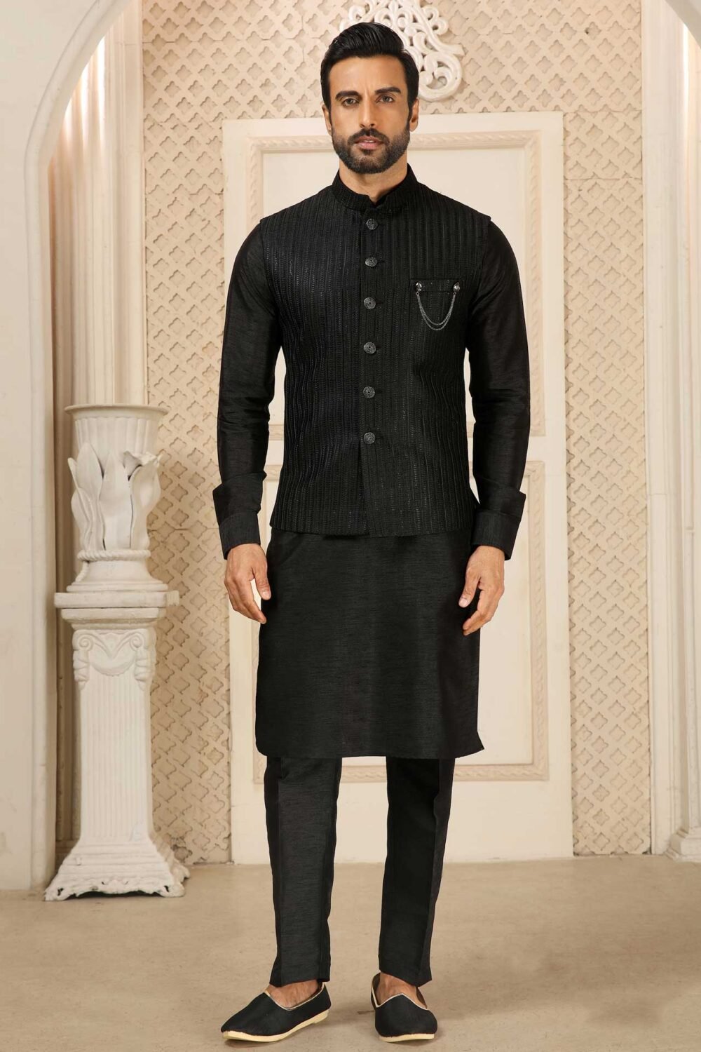 Black Banarasi Art Silk Kurta Pajama With Embroidered Jacket