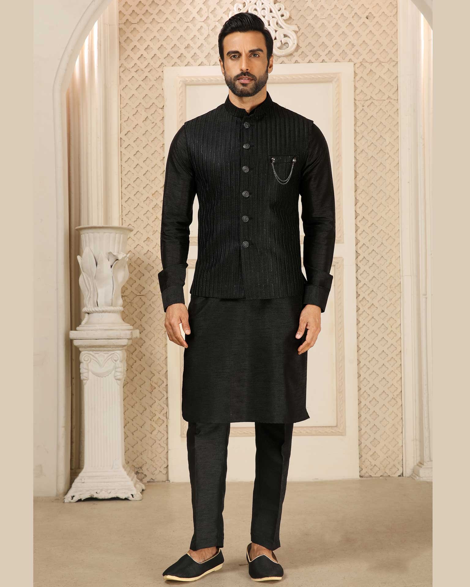 Black Banarasi Art Silk Kurta Pajama With Embroidered Jacket