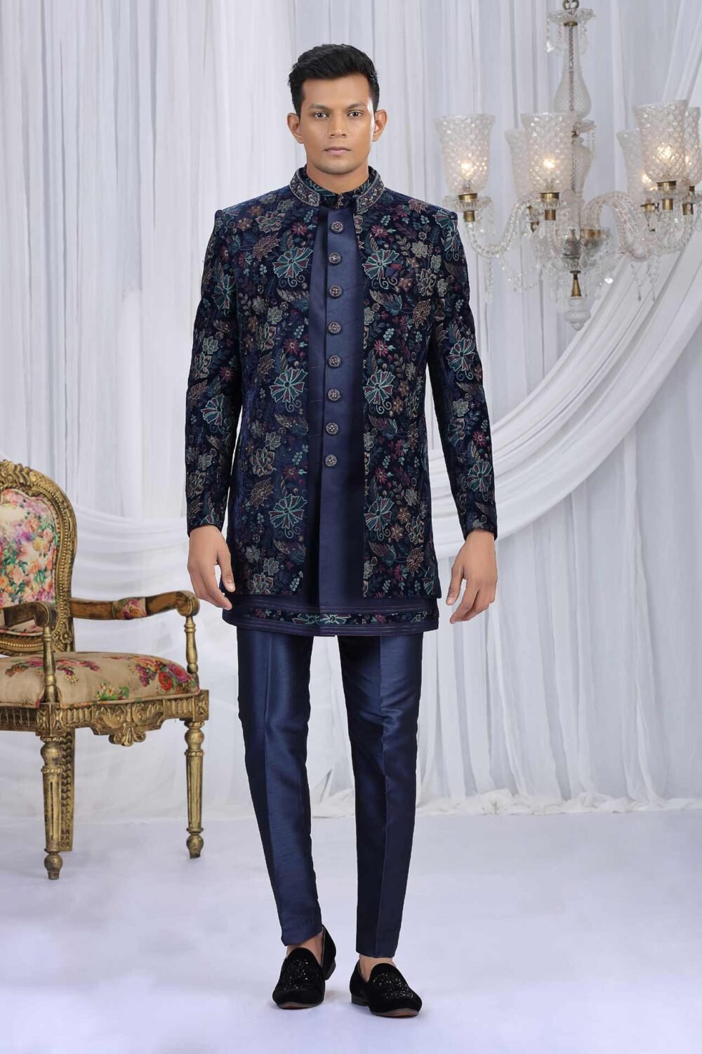 Navy Blue Velvet Silk Groom Sherwani Set For Men With Jacket