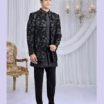 Black Velvet Silk Groom Sherwani Set For Men With Jacket