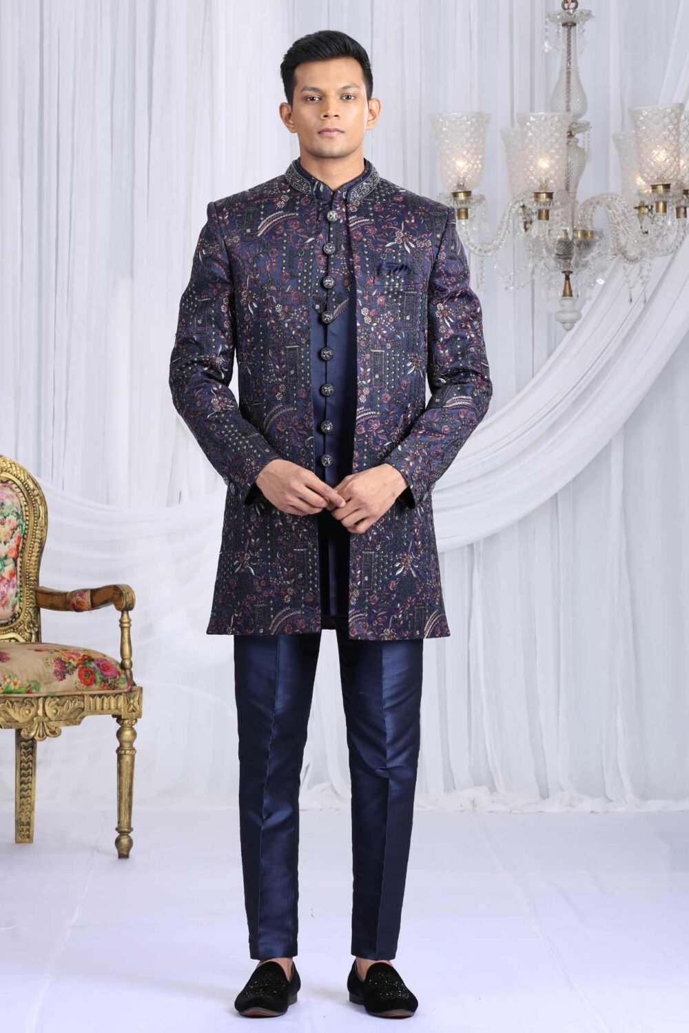 Navy Blue Velvet Silk Groom Sherwani Set For Men With Jacket
