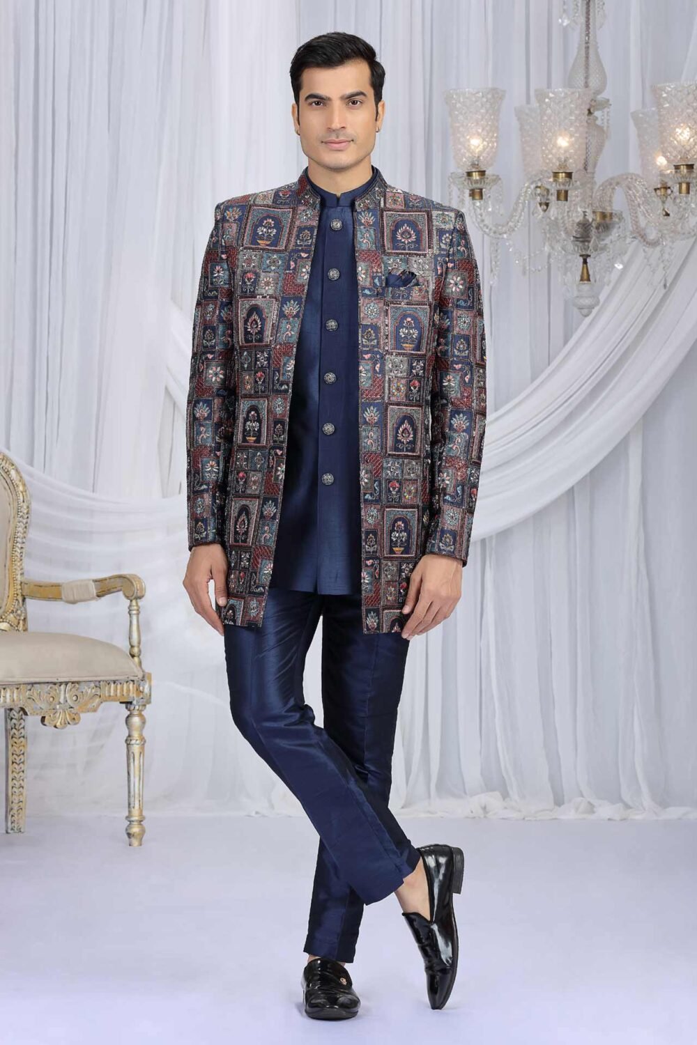 Navy Blue Art Silk Groom Sherwani Set For Men With Jacket