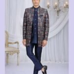 Navy Blue Art Silk Groom Sherwani Set For Men With Jacket