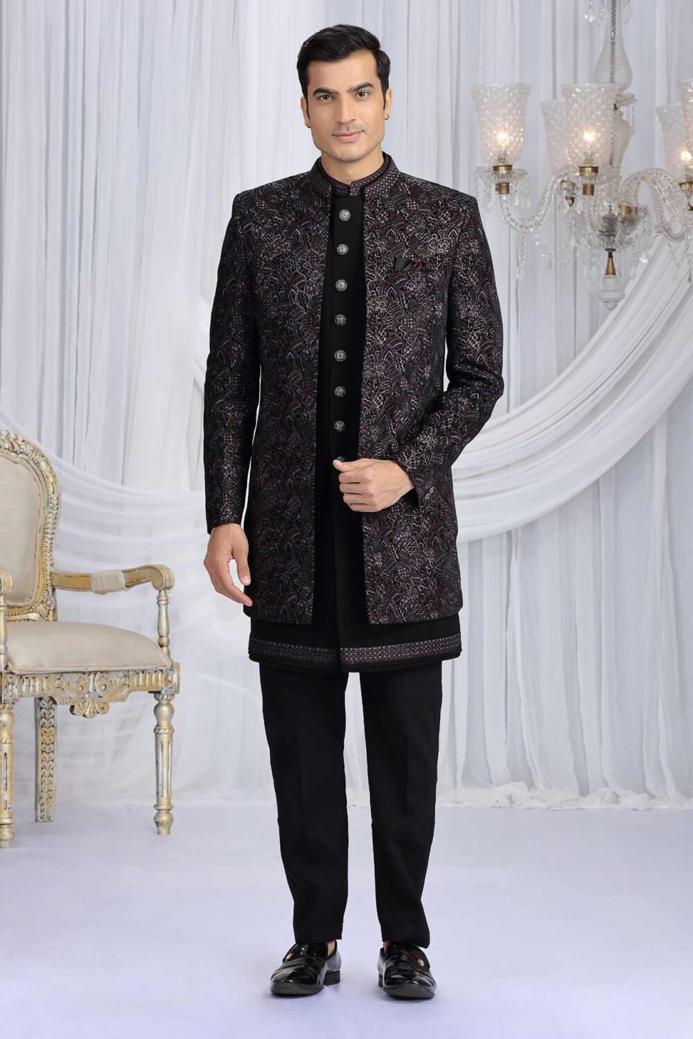 Black Velvet Silk Groom Sherwani Set For Men With Jacket