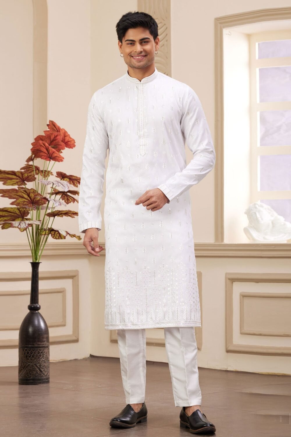 Off White Art Silk Embroidered Readymade Men Kurta Pajama Set