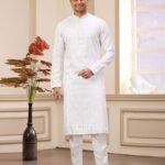 Off White Art Silk Embroidered Readymade Men Kurta Pajama Set